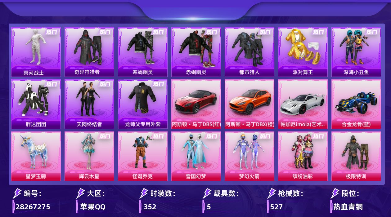 [28267275]苹果手Q-历史最高段位：无敌战神-30粉装-36特效枪-5载具-15粉色飞行器-181178热力值-25王牌印记-352套装-527枪皮
【热门品类】：粉装-怪诞乔克，粉装-雪国幻梦，粉装-梦幻火箭，粉装-缤纷油彩，套装-寒蝎幽灵，套装-浪漫天命，套装-太空漫步，套装-赤蝎幽灵，套装-都市猎人，套装-冥河战士，套装-派对舞王，套装-深海小丑鱼，套装-小丑鱼，套装-奇异狩猎者，角色-军刀雅典娜，套装-胖达团团，套装-天网终结者，套装-金羽特工，套装-忍者信条，套装-暗夜之虎，旭日初心兜帽大衣，套装-龟仙人，套装-潮萌小黄鸭，套装-暗影哥特，套装-糯粉咩咩，套装-软软马卡龙，M416-星际漫游，师父专用外套，套装-红熊茄茄
【粉色套装】：粉装-极限特训，粉装-幻影战神，粉装-星际漫游者，粉装-怪诞乔克，粉装-甜心巧克力，粉装-宝贝奶油派，粉装-天使彩虹糖，粉装-雪国幻梦，粉装-蝶舞迷情，粉装-梦幻火箭，粉装-缤纷油彩，粉装-放客神游，粉装-古堡领主，粉装-天禅智恒，粉装-彗云及圣，粉装-新星烈龙，粉装-冰霜白皇，粉装-炙焰红王，粉装-王牌四分卫，粉装-岚岚物语，角色-复仇流浪者，粉装-暖熊萌萌，粉装-仲夏莫吉托，角色-呆萌星弥，角色-小可学妹，角色-烟云彩露，角色-美琪，粉装-幻彩电音，角色-狂魅哈莉，角色-辉云木星
【粉色枪皮等级】：轻型迫击炮-酷夏轰炸(二级)，AKM-甜心宝贝(七级)，AKM-白勺歌姬(一级)，SCAR-L-梦幻火箭(七级)，M416-五爪金龙(一级)，M416-心之恋语(一级)，M416-暖熊萌萌(五级)，M416-灵猫魔法师(三级)，GROZA-焦糖拿铁(五级)，GROZA-精灵之光(三级)，AUG-南国舞曲(一级)，AUG-星梦奇缘(九级)，M762-甜蜜誓约(七级)，蜜獾-荧海星豚(五级)，ACE32-萌骑漫游(五级)，ARX-神木藏锋(四级)，UZI-绮梦青鸾(五级)，UMP45-相思残雪(五级)，Vector-环太平洋(五级)，汤姆逊-玉魄流云(五级)，AKS-74U-信仰神谕(五级)，P90-甜蜜草莓(五级)，P90-能量风暴(一级)，P90-沙丘之主(三级)，Kar98K-伏魔团(三级)，Kar98K-巳巳如意(五级)，Kar98K-圣域龙灵(三级)，Mk14-福马献瑞(五级)，AMR-智耀战神(五级)，AA12-G-其乐融融(五