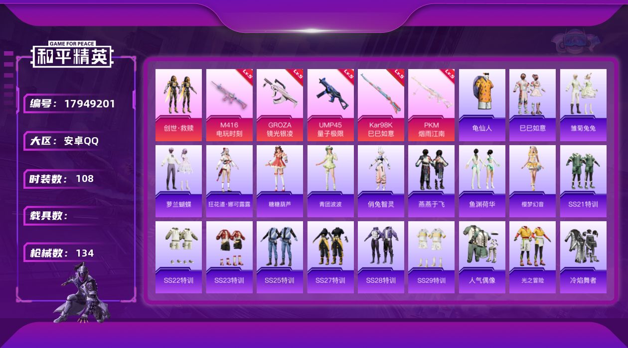 和平精英账号安卓QQ[17949201]安卓 手Q-1粉装-5特效枪-0载具-0粉色飞行器-33867热力值-2王牌印记-108套装-134枪皮
【热门品类】：套装-龟仙人
【粉色套装】：套装-创世·救赎
【粉色枪皮等级