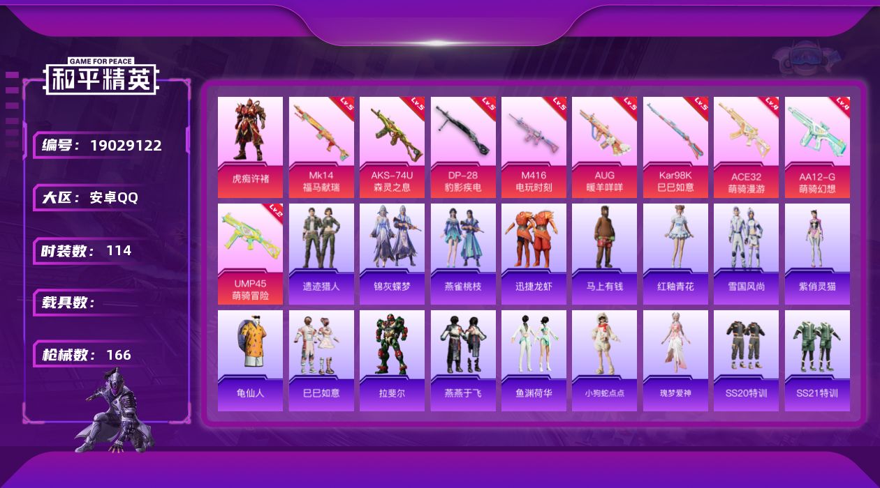 和平精英账号安卓QQ[19029122]安卓 手Q-1粉装-9特效枪-0载具-1粉色飞行器-42938热力值-9王牌印记-114套装-166枪皮
【热门品类】：套装-龟仙人
【粉色套装】：角色-虎痴许褚
【粉色枪皮等级】