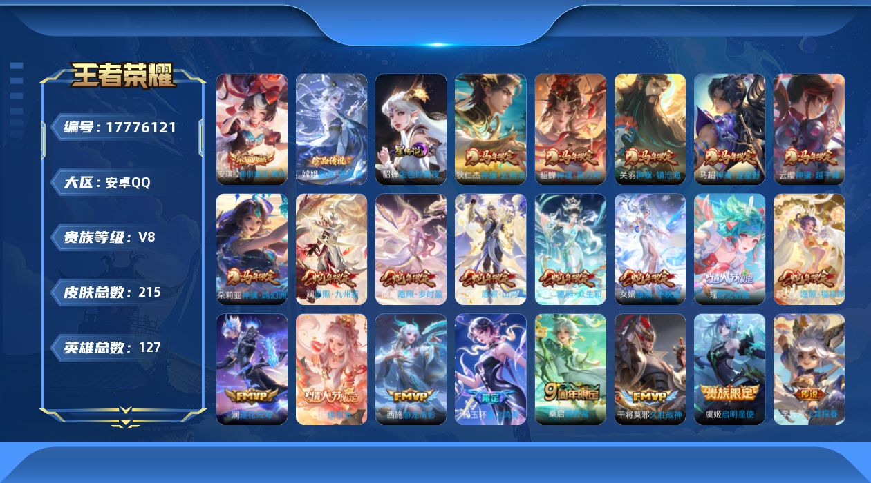 王者荣耀账号安卓QQ[17776121]【嫦娥全皮，西施全皮，少司缘全皮】【马年限定全套 蛇年限定全套】贵族等级: V8
