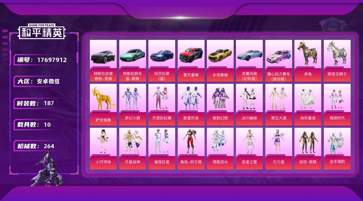 和平精英账号安卓微信[17697912]DAS9378有二次 社交限制 安卓V-11载具20粉装7特效枪12热门187套装264枪皮 104407热力值 27印记 历史绝世王牌25星  梦幻火箭 天使彩虹糖   SCAR