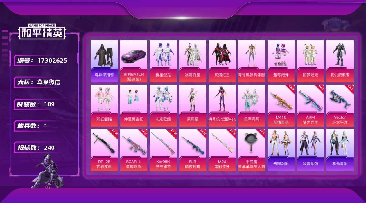 和平精英账号苹果微信[17302625]【特价出售/店主推荐】苹果 微信-13粉装-9特效枪-1载具-4粉色飞行器-8·5w热力值-15王牌印记-189套装-240枪皮
【热门品类】：套装-奇异狩猎者，角色-军刀雅典娜，