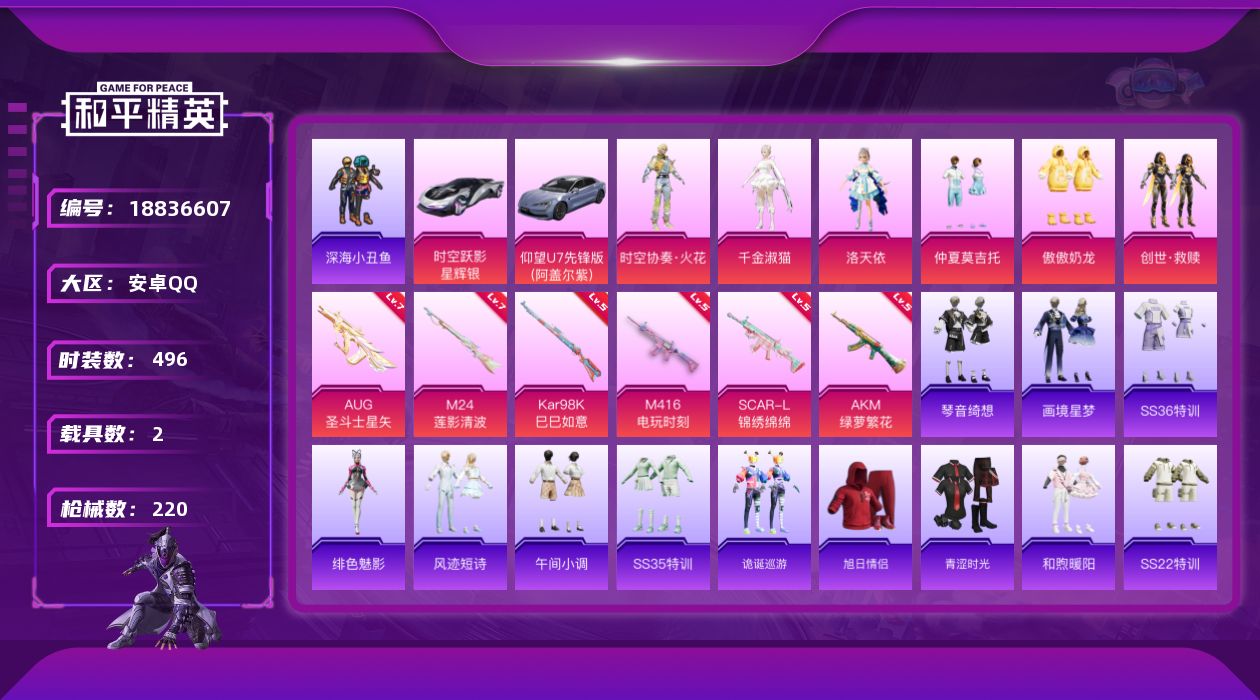 和平精英账号安卓QQ2载具-134套装-220枪皮-2载具-134套装-220枪皮-1稀有2载具6粉装7特效枪11热门134套装220枪皮 63390热力值 13印记 历史绝世王牌18星 【1稀有】 AKM-缤纷海域 【