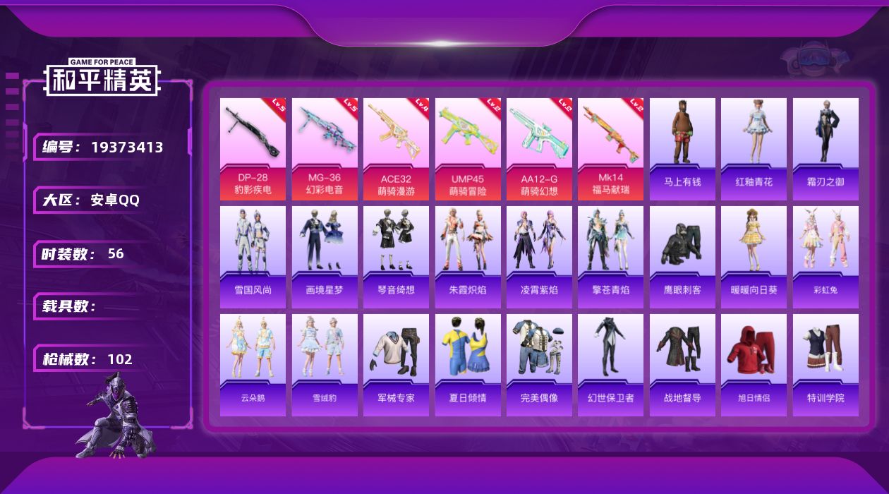 和平精英账号安卓QQ[19373413]安卓 手Q-0粉装-6特效枪-0载具-2粉色飞行器-22703热力值-5王牌印记-56套装-102枪皮
【粉色枪皮等级】：ACE32-萌骑漫游(四级)，UMP45-萌骑冒险(二级)