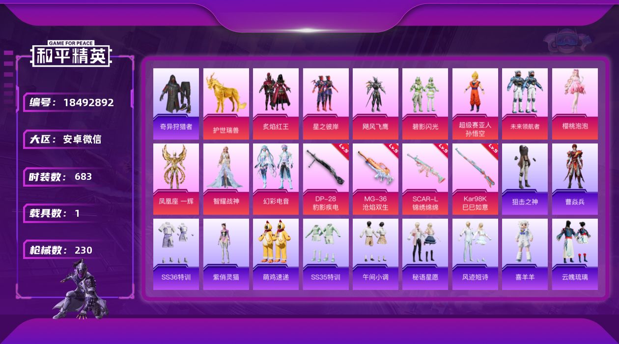 和平精英账号安卓微信[18492892]10粉装 4特效枪 1载具 8印记 可二次 可修改实名 
【热门装扮】未来领航者