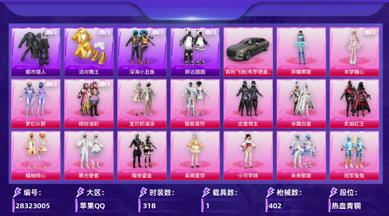 [28323005]梦幻火箭。派对舞王，都市猎人，M416-五爪金龙(七级)，M416-超新星(六级)，可二次【特价出售/店主推荐】苹果手Q-历史最高段位：绝世王牌21星-20粉装-14特效枪-1载具-6粉色飞行器-134198热力值-24王牌印记-318套装-402枪皮
【热门品类】：粉装-梦幻火箭，粉装-缤纷油彩，套装-浪漫天命，套装-都市猎人，套装-派对舞王，套装-深海小丑鱼，套装-小丑鱼，套装-胖达圆圆，套装-金羽特工，套装-SS1特训，套装-龟仙人，套装-暗影哥特，套装-粉红小猪，套装-摄影小熊猫，角色-Mark.06
【粉色套装】：粉装-宝贝奶油派，粉装-梦幻火箭，粉装-智能音符，粉装-缤纷油彩，粉装-古堡领主，粉装-冰霜白皇，粉装-炙焰红王，粉装-橘柚倾心，粉装-寒光使者，粉装-暗夜鎏金，角色-呆萌星弥，角色-小可学妹，粉装-未来歌姬，粉装-冠军兔兔，套装-创世·救赎，角色-萨利娅，角色-智耀战神，角色-罗征，角色-羊梦糖心，角色-异瞳寒姬
【粉色枪皮等级】：AKM-炫紫旋律(五级)，AKM-满月旋律(七级)，SCAR-L-童趣迷兔(七级)，M416-五爪金龙(七级)，M416-超新星(六级)，GROZA-旋转彩虹(七级)，M762-青锋波束(五级)，Famas-初号机 觉醒Ver.(七级)，UMP45-量子极限(五级)，Vector-流风之羽(四级)，汤姆逊-玉魄流云(五级)，Kar98K-巳巳如意(五级)，AA12-G-其乐融融(五级)，DP-28-豹影疾电(五级)
【粉色载具】：宾利飞驰（布罗德盖棕双色）
【粉色枪皮】：AKM-炫紫旋律，AKM-满月旋律，SCAR-L-童趣迷兔，M416-五爪金龙，M416-超新星，GROZA-旋转彩虹，M762-青锋波束，Famas-初号机 觉醒Ver.，UMP45-量子极限，Vector-流风之羽，汤姆逊-玉魄流云，Kar98K-巳巳如意，AA12-G-其乐融融，DP-28-豹影疾电
【粉色飞行器】：炫彩糖果飞行器，满月旋律飞行器，天之羽翼飞行器，镜光幻境飞行翼，BEARBRICK飞行器，圣域金龙飞行器
【粉色降落伞】：满月旋律降落伞，破风疾驰降落伞，甜心宝贝降落伞，梦幻火箭降落伞，天启纪元降落伞，神秘黑猫降落伞，童趣迷兔降落伞，洛神天依降落伞，蓝莓炮弹降落伞，恐龙拽拽降落伞，星夜魔法师降落伞，垂柳戏鸭降落伞，旋转彩虹降落伞，