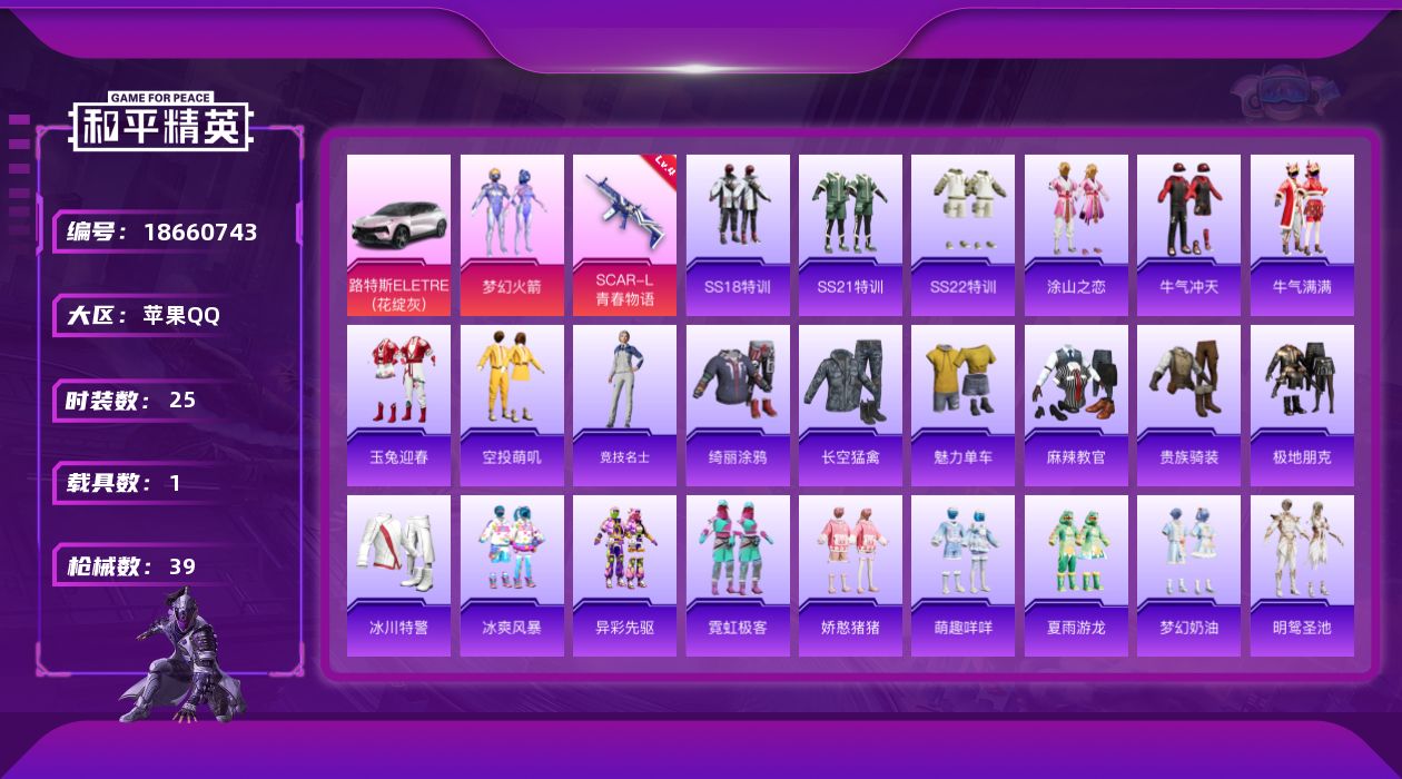 和平精英账号苹果QQ[18660743]粉装1/粉枪1/载具1/套装25/枪皮39/热力值12186/历史最高段位:王牌印记2次/Lv:45/四级SCAR-L-青春物语/梦幻火箭(新101)/路特斯ELETRE(花绽灰)