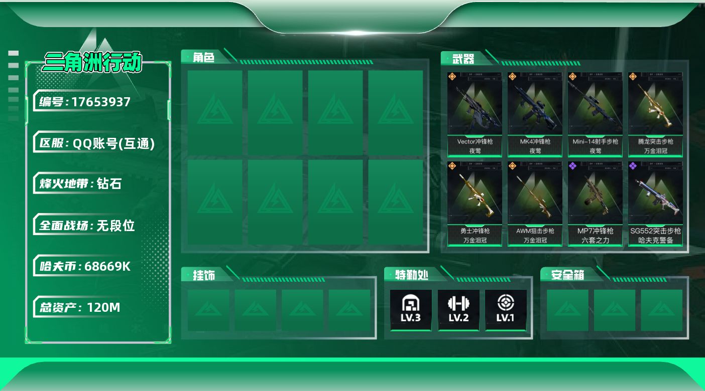 三角洲行动账号QQ【4755】纯币很多  120m总资产-68669k哈伏币-43烽火等级-钻石-1战场等级-无军衔
