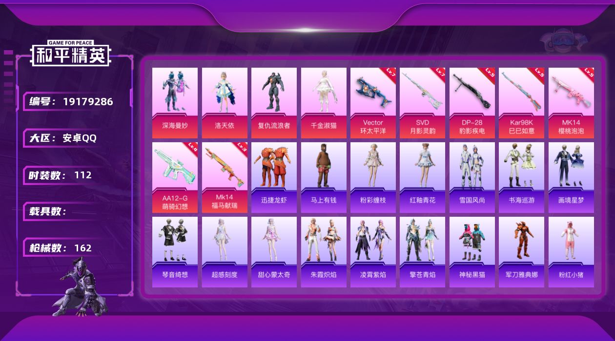 和平精英账号安卓QQ[19179286]安卓 手Q-4粉装-7特效枪-0载具-2粉色飞行器-46921热力值-6王牌印记-112套装-162枪皮
【热门品类】：角色-军刀雅典娜，套装-粉红小猪
【粉色套装】：粉装-深海曼