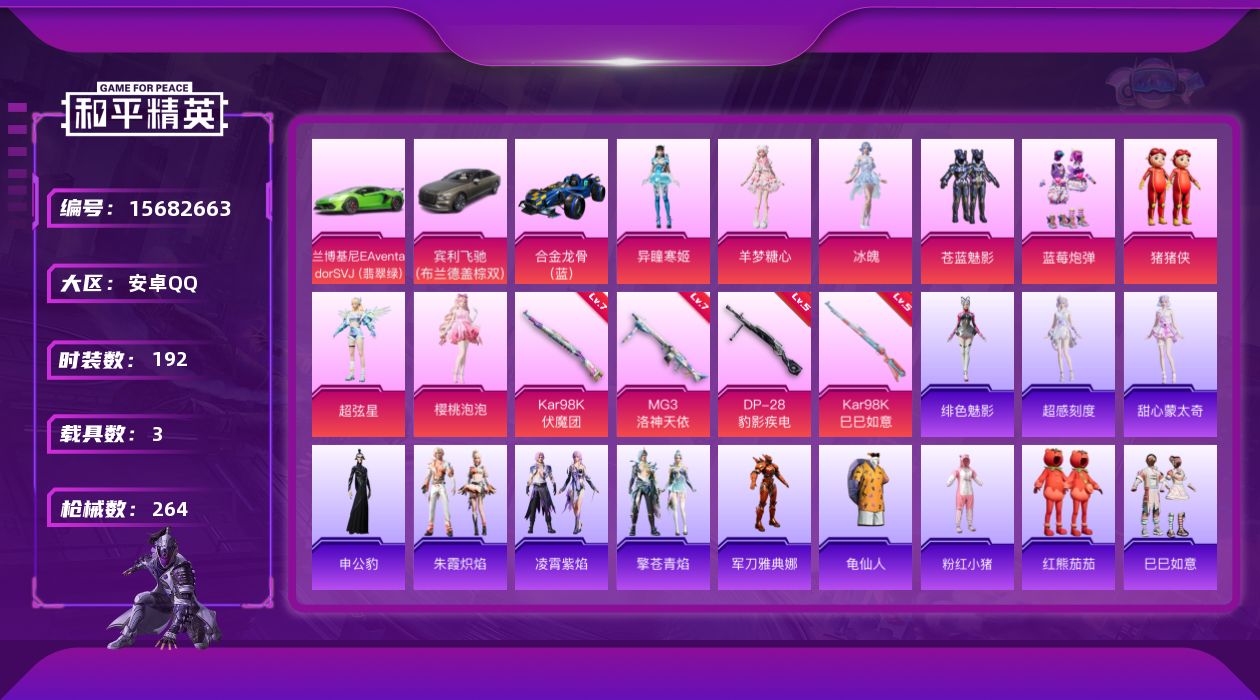 和平精英账号安卓QQ[15682663]"DAS8633有二次 安卓Q-3载具8粉装4特效枪14热门192套装264枪皮 83395热力值 17印记 历史绝世王牌27星  Kar98K-伏魔团 (7级) MG3-洛神天依