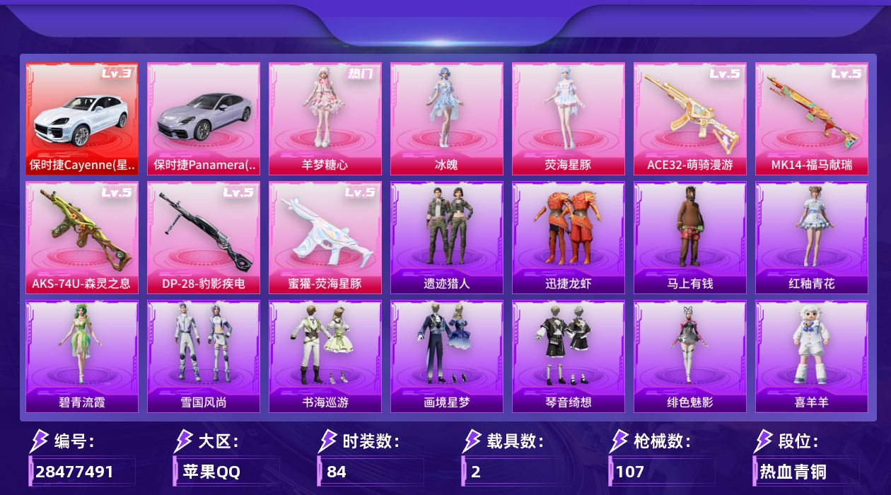 [28477491]苹果手Q-无敌战神框-3粉装-5特效枪-2载具-1粉色飞行器-33957热力值-5王牌印记-84套装-107枪皮
【红色载具】：保时捷Cayenne（星光璃）(三级)
【热门品类】：套装-小丑鱼
【粉色套装】：角色-荧海星豚，角色-冰魄，角色-羊梦糖心
【粉色枪皮等级】：蜜獾-荧海星豚(五级)，ACE32-萌骑漫游(五级)，AKS-74U-森灵之息(五级)，Mk14-福马献瑞(五级)，DP-28-豹影疾电(五级)
【粉色载具】：保时捷Cayenne（星光璃），保时捷Panamera（星辰紫）
【粉色枪皮】：蜜獾-荧海星豚，ACE32-萌骑漫游，AKS-74U-森灵之息，Mk14-福马献瑞，DP-28-豹影疾电
【粉色飞行器】：炫彩糖果飞行器
【粉色降落伞】：绝对恒星降落伞，仲夏莫吉托降落伞，荧海星豚降落伞，绯穹魔姬降落伞，无垠阁降落伞，喜羊羊与灰太狼降落伞，异瞳寒姬降落伞，炫彩糖果降落伞，鸢尾珑雾降落伞
【稀有套装】：套装-雪国风尚，套装-炫彩糖果，套装-马上有钱，套装-迅捷龙虾，套装-遗迹猎人，套装-彩虹兔，套装-云朵鹅，套装-雪绒豹，套装-蜜露汐语，套装-蓝海鲸歌，角色-绛羽幽主，套装-朱霞炽焰，套装-凌霄紫焰，套装-擎苍青焰，玩偶服-喜羊羊，角色-绯色魅影，套装-书海巡游，套装-画境星梦，套装-琴音绮想，角色-碧青流霞，套装-雨过天青，套装-红釉青花
【稀有枪皮】：AUG-冰晶雪宝，AKM-破晓战魂，AKM-龙的传人，SCAR-L-夜灯，SCAR-L-炫彩节奏，M416-蓝色火焰，GROZA-荧海星豚，AUG-绝对恒星，M762-云朵鹅，M762-登顶巅峰，蜜獾-绯穹魔姬，蜜獾-折梦之诗，ACE32-画境星梦，ARX-凌霄紫焰，UZI-啾咪啾咪，UZI-天降萌叽，UZI-影袭，UMP45-夜灯，UMP45-生命誓言，Vector-彩虹符号，汤姆逊-耀粉歌者，汤姆逊-像素花束，MP5K-画境星梦，JS9-凌霄紫焰，M24-影袭，AWM-暮色玫影，SKS-迅猛狂鲨，Mini14-绯穹魔姬，M200-无垠阁，SVD-云朵鹅，M1加兰德-画境星梦，S686-红色方程式，S1897-荧海星豚，S12K-破晓战魂，S12K-夜灯，DBS-荧海星豚，AA12-G-画境星梦，SPAS-12-云朵鹅，M249-彩虹符号，M249-破晓战魂，M249-绯穹魔姬，MG3-幻世战舞