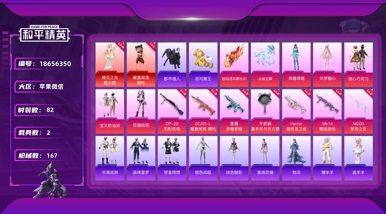 和平精英账号苹果微信[18656350]【店主推荐捡漏号！可直接换绑】苹果 微信-4神装-11粉装-19特效枪-2载具-15粉色飞行器-60927热力值-3王牌印记-82套装-167枪皮【红色神装等级】：霜月狼主-尼诺(