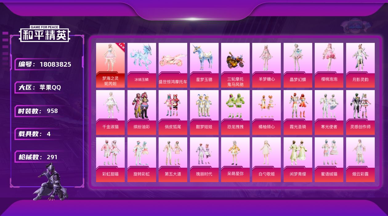 和平精英账号苹果QQ4载具-258套装-291枪皮-妮芮妲4级 小番茄 1红装1稀有4载具27粉装16特效枪19热门25