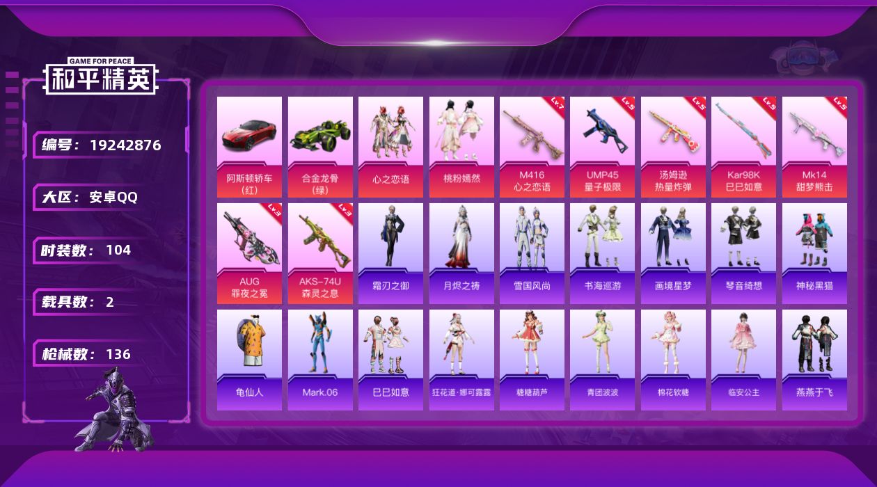 和平精英账号安卓QQ[19242876]104套装/枪械7/装备173/载具2/战备107/王牌印记4/热力值44732/七级M416-心之恋语/三级AUG-罪夜之冕/五级UMP45-量子极限/五级汤姆逊-热量炸弹/三级