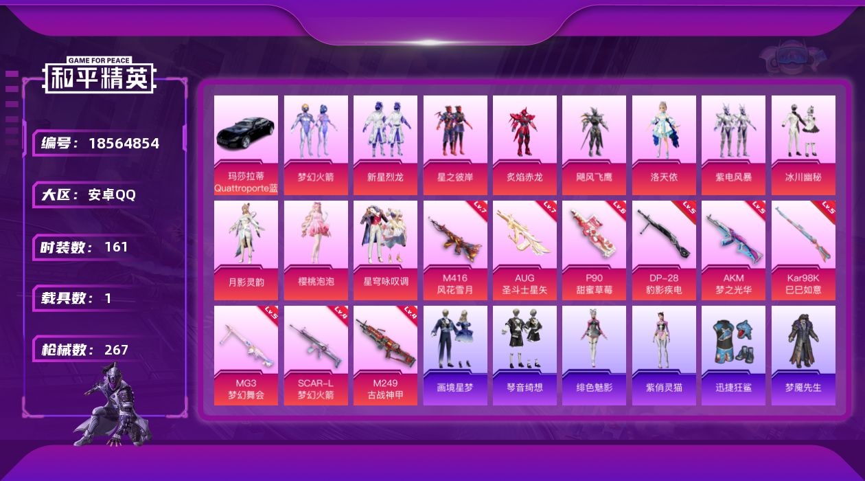 和平精英账号安卓QQ[18564854]安卓 手Q-11粉装-12特效枪-1载具-6粉色飞行器-88164热力值-10王牌印记-161套装-267枪皮
【热门品类】：粉装-梦幻火箭，角色-军刀雅典娜，套装-龟仙人，角色-
