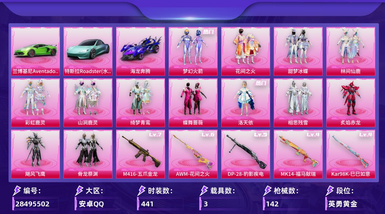 []13粉装 8特效枪 3载具 6印记 可二次 可修改实名 
【热门装扮】梦幻火箭(新101) ,洛天依,花间之火,相思残雪,绮梦青鸾,甜梦冰蝶,炙焰赤龙,飓风飞鹰,蝶舞蔷薇,林间仙鹿,彩虹鹿灵,山涧鹿灵,骨龙祭渊,暗夜魅影
【载具】特斯拉Roadster(水滴蓝),海龙奔腾,兰博基