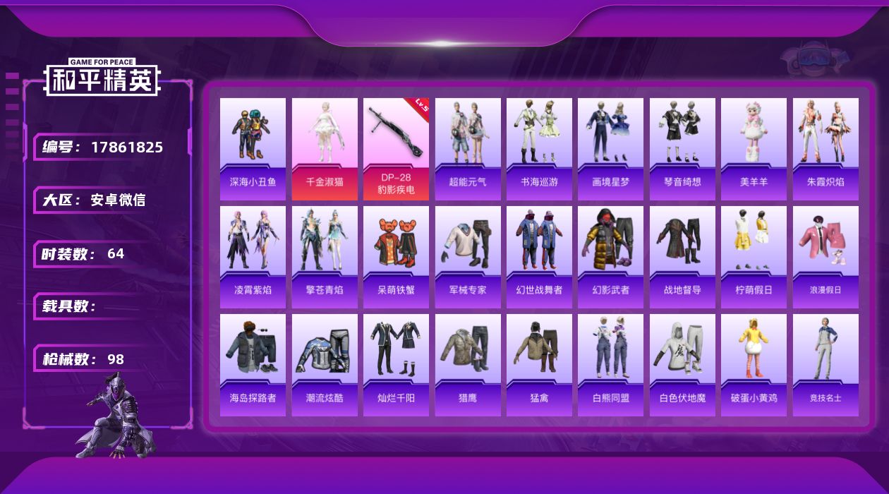 和平精英账号安卓微信[17861825]地铁满天赋！！！【特价出售/店主推荐】安卓 微信-1粉装-3特效枪-0载具-3粉色飞行器-22994热力值-1王牌印记-64套装-98枪皮
【热门品类】：套装-深海小丑鱼
【粉色套