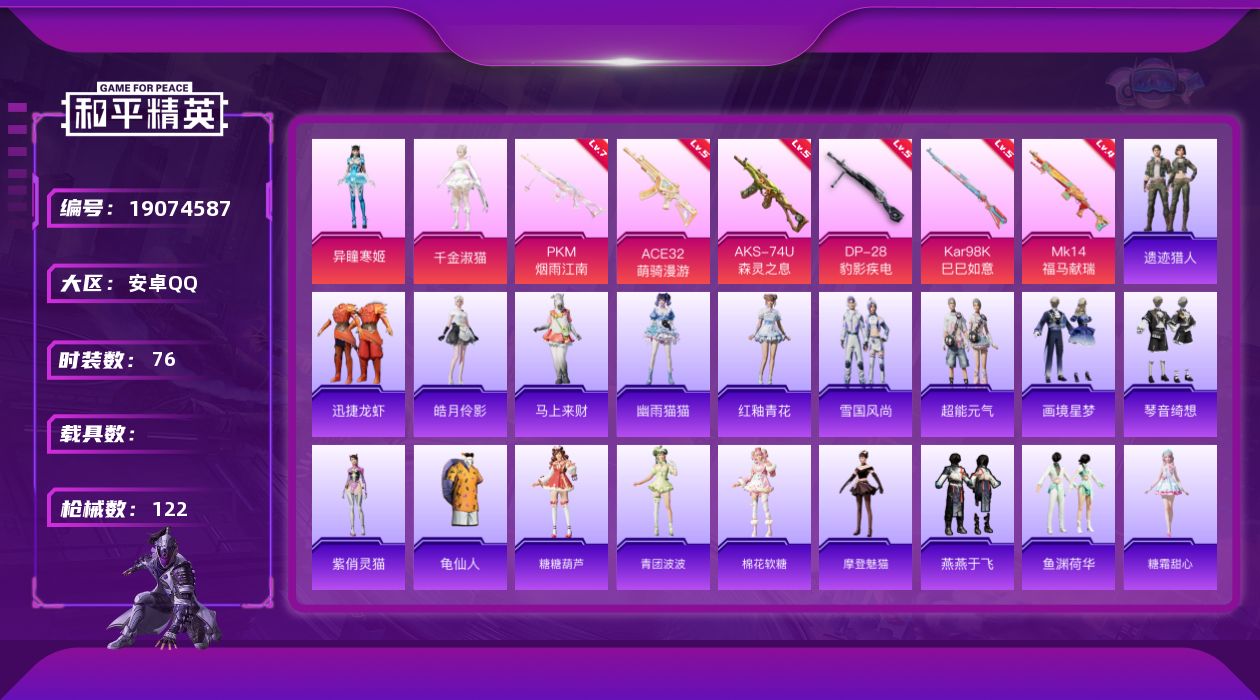 和平精英账号安卓QQ[19074587]安卓手Q-2粉装-6特效枪-3粉色飞行器-33900热力值-2王牌印记-76套装-122枪皮
【热门品类】：套装-龟仙人
【粉色套装】：角色-千金淑猫，角色-异瞳寒姬
【粉色枪皮等