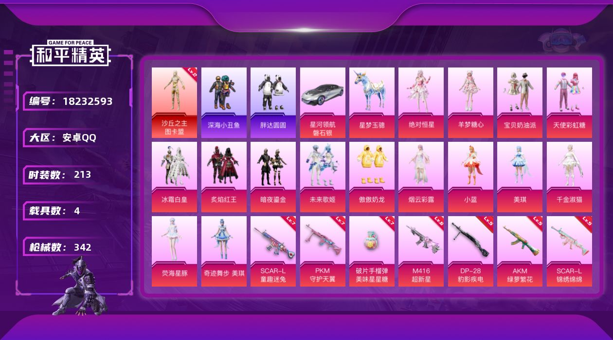 和平精英账号安卓QQ[18232593]【特价出售/店主推荐】
安卓 手Q-3神装-19粉装-22特效枪-4载具-11粉色飞行器-117293热力值-19王牌印记-213套装-342枪皮
【红色神装等级】：灵驹仙姬-云歌