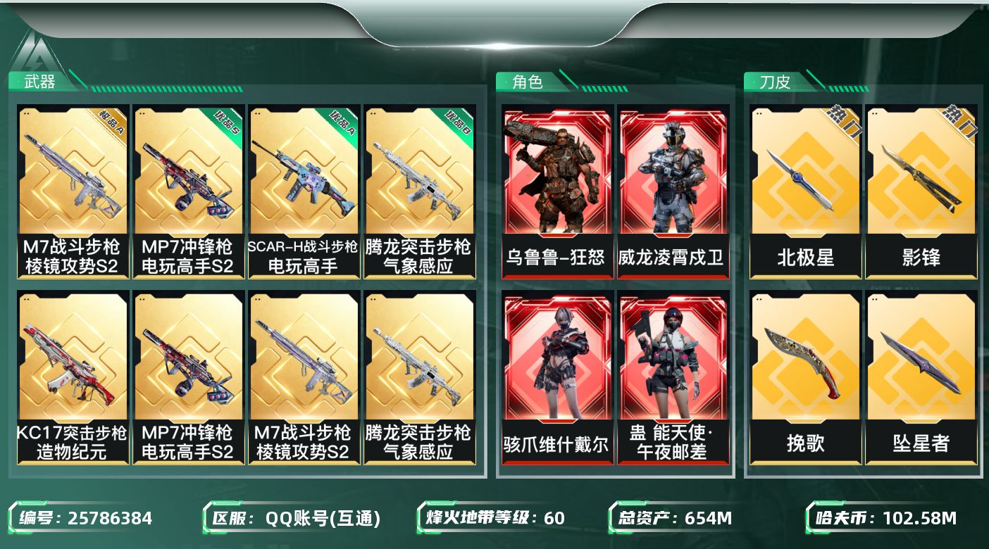 三角洲行动账号QQ[25786384]【8703】石1-20626，654m总资产-102587k哈夫币-60烽火等级