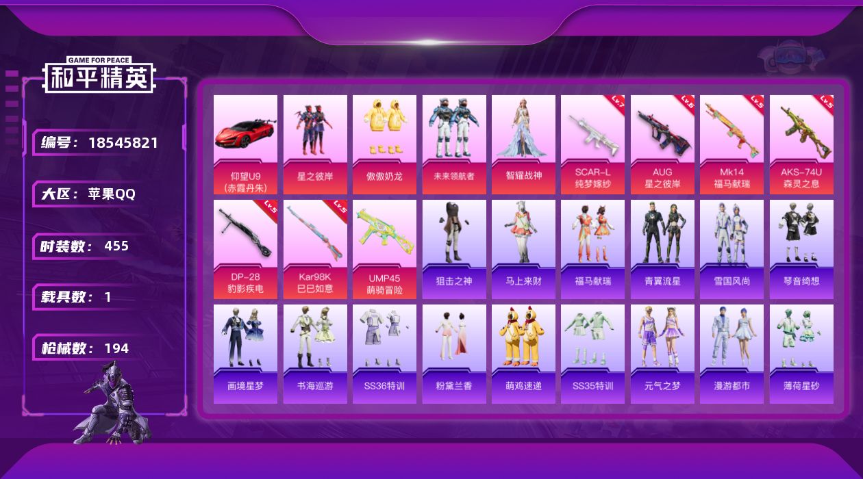 和平精英账号苹果QQ[18545821]5粉装 7特效枪 1载具 11印记 可二次 可修改实名 
【热门装扮】未来领航者