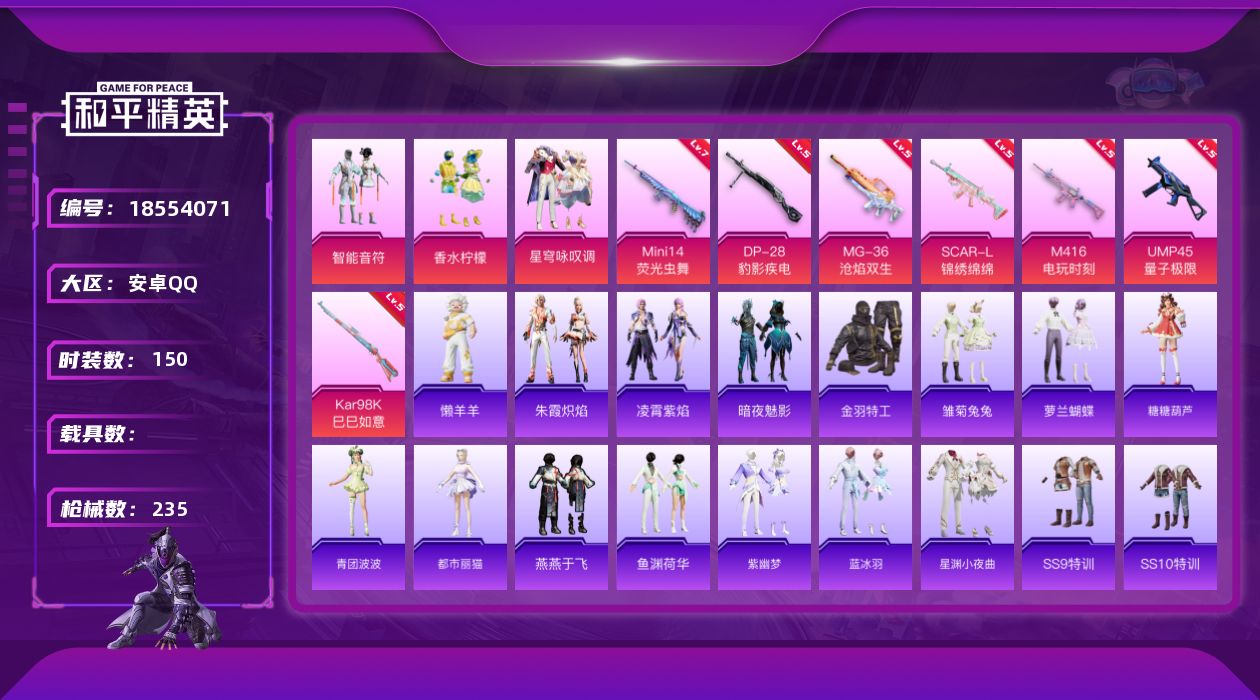 和平精英账号安卓QQ[18554071]安卓 手Q-3粉装-7特效枪-0载具-3粉色飞行器-68665热力值-9王牌印记-150套装-235枪皮
【热门品类】：套装-金羽特工
【粉色套装】：粉装-智能音符，粉装-香水柠檬