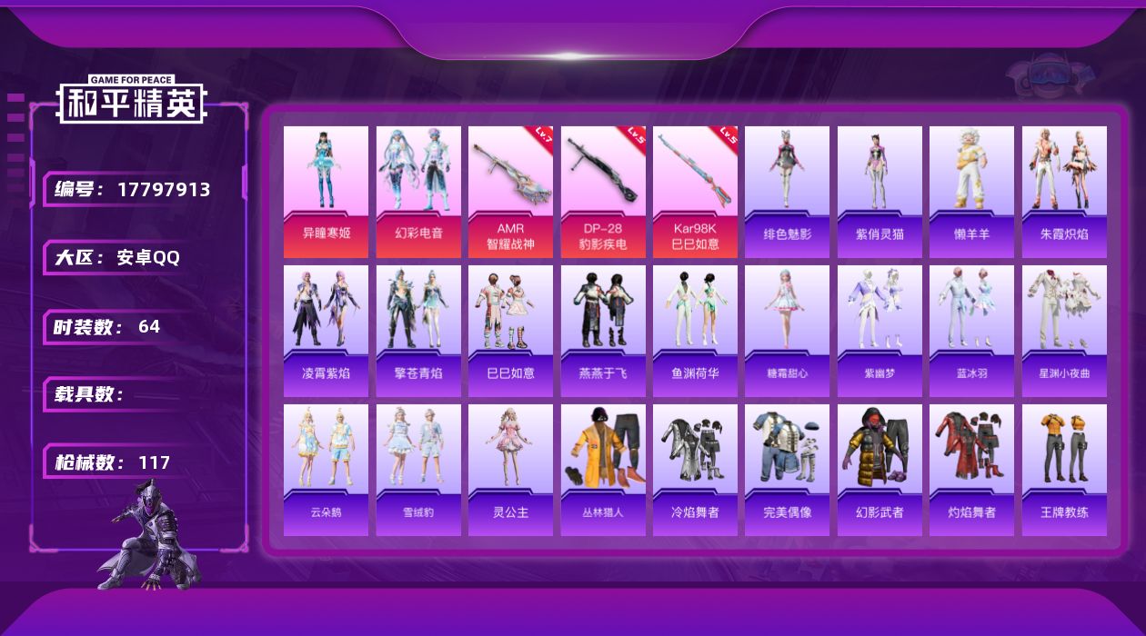 和平精英账号安卓QQ[17797913]安卓 手Q-3粉装-6特效枪-0载具-2粉色飞行器-30540热力值-3王牌印记-64套装-117枪皮
【粉色套装】：粉装-幻彩电音，角色-异瞳寒姬，角色-罪夜之冕
【粉色枪皮等级
