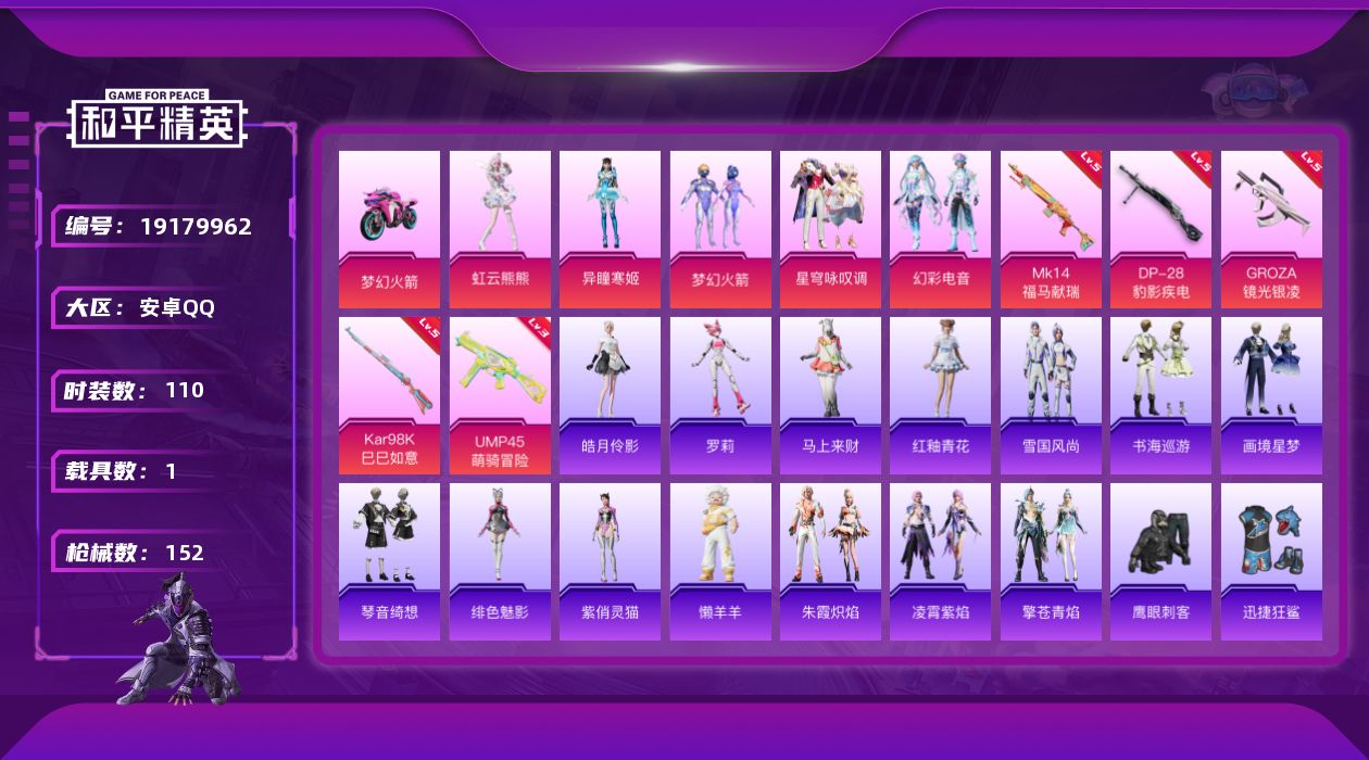 和平精英账号安卓QQ[19179962]安卓 手Q-5粉装-5特效枪-1载具-1粉色飞行器-41768热力值-7王牌印记-110套装-152枪皮
【热门品类】：粉装-梦幻火箭，套装-忍者信条
【粉色套装】：粉装-梦幻火箭