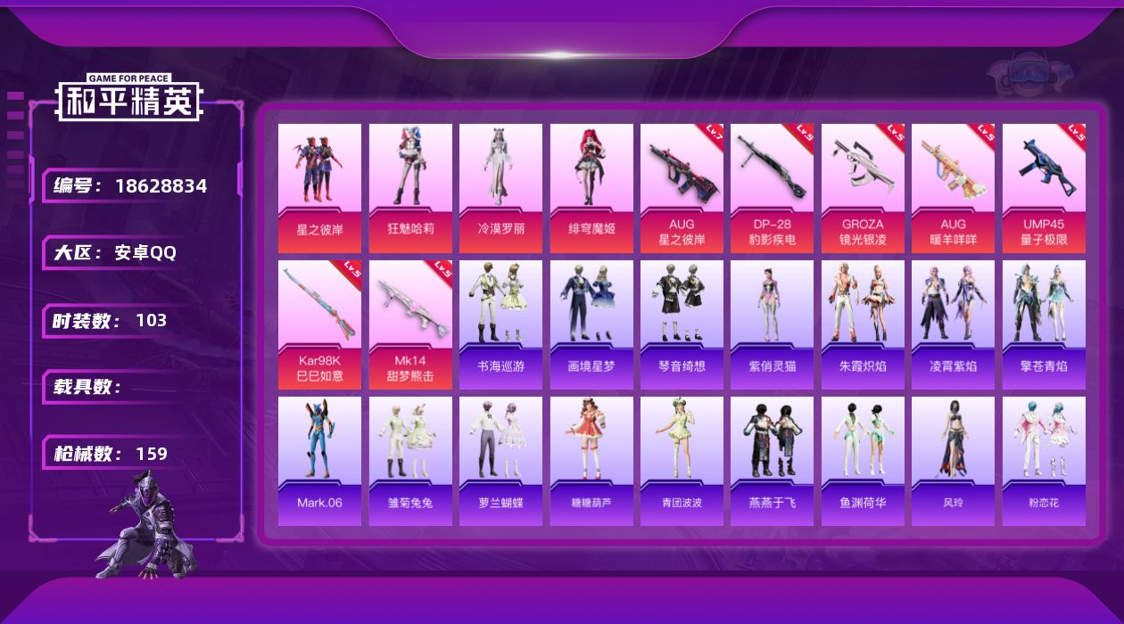 和平精英账号安卓QQ[18628834]安卓 手Q-5粉装-10特效枪-0载具-3粉色飞行器-46579热力值-6王牌印记-103套装-159枪皮
【热门品类】：角色-Mark.06
【粉色套装】：粉装-星之彼岸，角色-