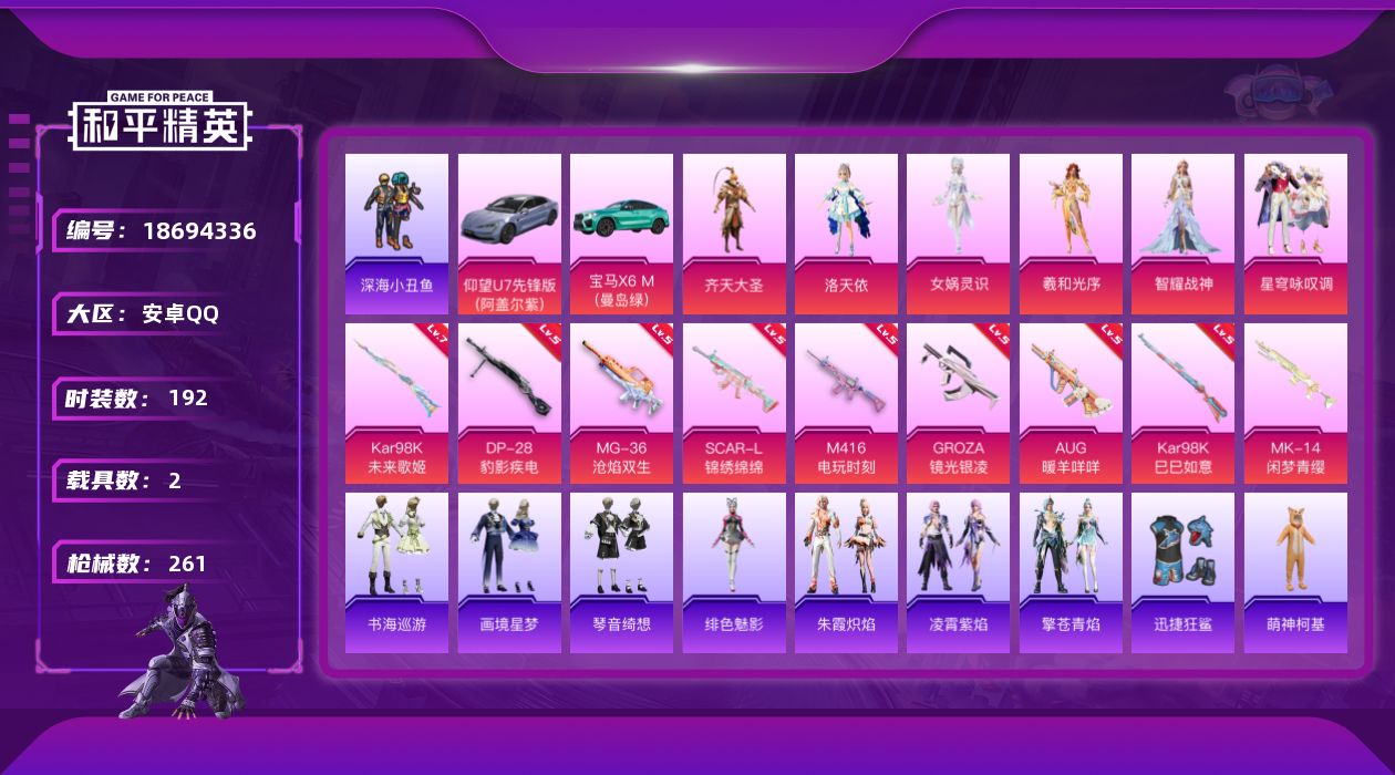 和平精英账号安卓QQ[18694336]安卓 手Q-6粉装-12特效枪-2载具-2粉色飞行器-84321热力值-17王牌印记-192套装-261枪皮
【热门品类】：套装-深海小丑鱼，套装-小丑鱼，角色-军刀雅典娜，套装-