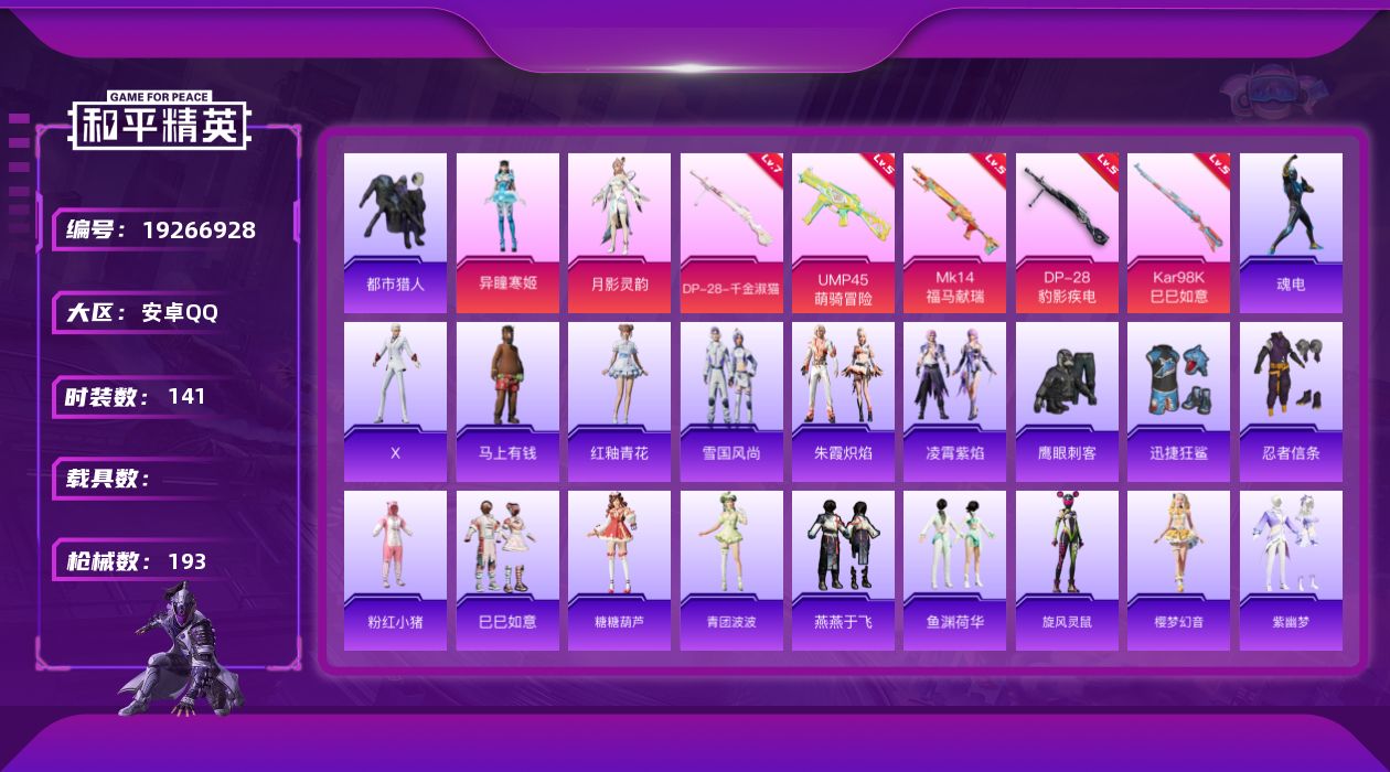 和平精英账号安卓QQ[19266928]安卓 手Q-2粉装-5特效枪-0载具-2粉色飞行器-56080热力值-11王牌印记-141套装-193枪皮
【热门品类】：套装-都市猎人，套装-忍者信条，套装-粉红小猪
【粉色套装