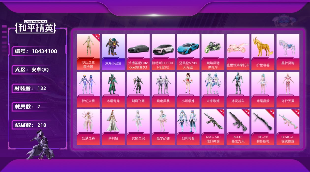 和平精英账号安卓QQ[18434108]安卓 手Q-1神装-14粉装-18特效枪-7载具-8粉色飞行器-81251热力值-8王牌印记-132套装-218枪皮
【红色神装等级】：沙丘之主-图卡盟(三级)
【红色角色神装】：