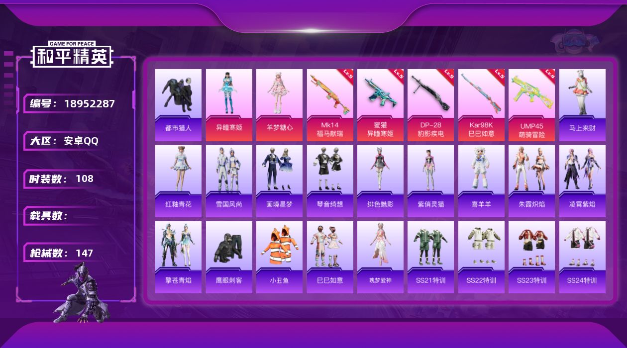 和平精英账号安卓QQ[18952287]安卓 手Q-2粉装-5特效枪-0载具-2粉色飞行器-38542热力值-6王牌印记-108套装-147枪皮
【热门品类】：套装-都市猎人，套装-小丑鱼
【粉色套装】：角色-羊梦糖心，
