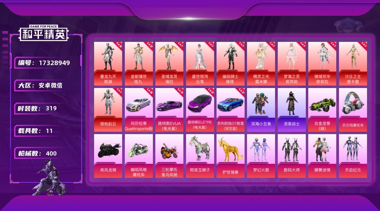 和平精英账号安卓微信安卓 微信-10神装-43粉装-26特效枪-11载具-21粉色飞行器-202291热力值-23王牌印记-319套装-400枪皮
【红色载具】：路特斯ELETRE（电光紫）(二级)，