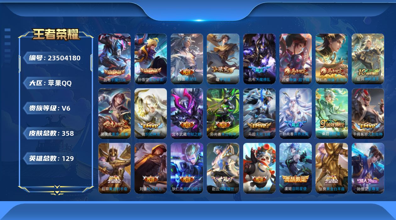 王者荣耀账号苹果QQ贵族6 荣耀典藏2 传说皮肤21 史诗皮肤110 皮肤数量358 皮肤价值:284442 英雄129 至尊星耀V 总场次17848