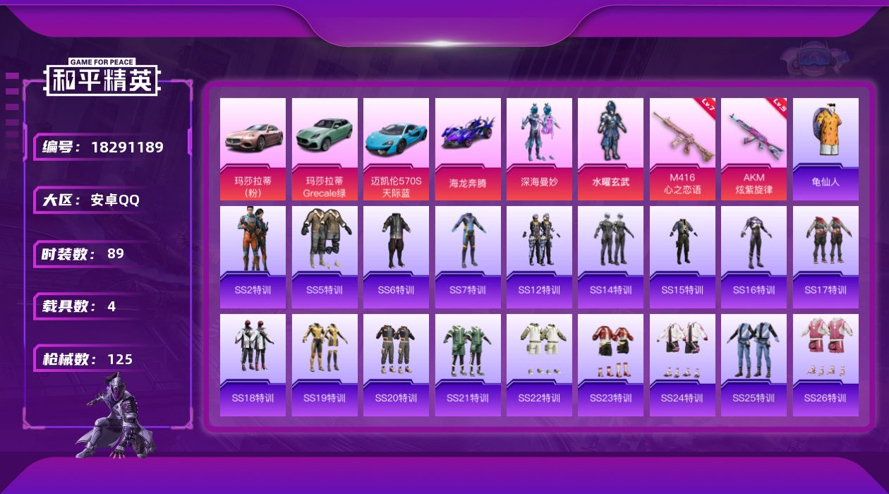 和平精英账号安卓QQ[18291189]可二次【特价出售/店主推荐】安卓 手Q-2粉装-2特效枪-4载具-1粉色飞行器-42297热力值-1王牌印记-89套装-125枪皮【热门品类】：套装-龟仙人【粉色套装】：粉装-深海