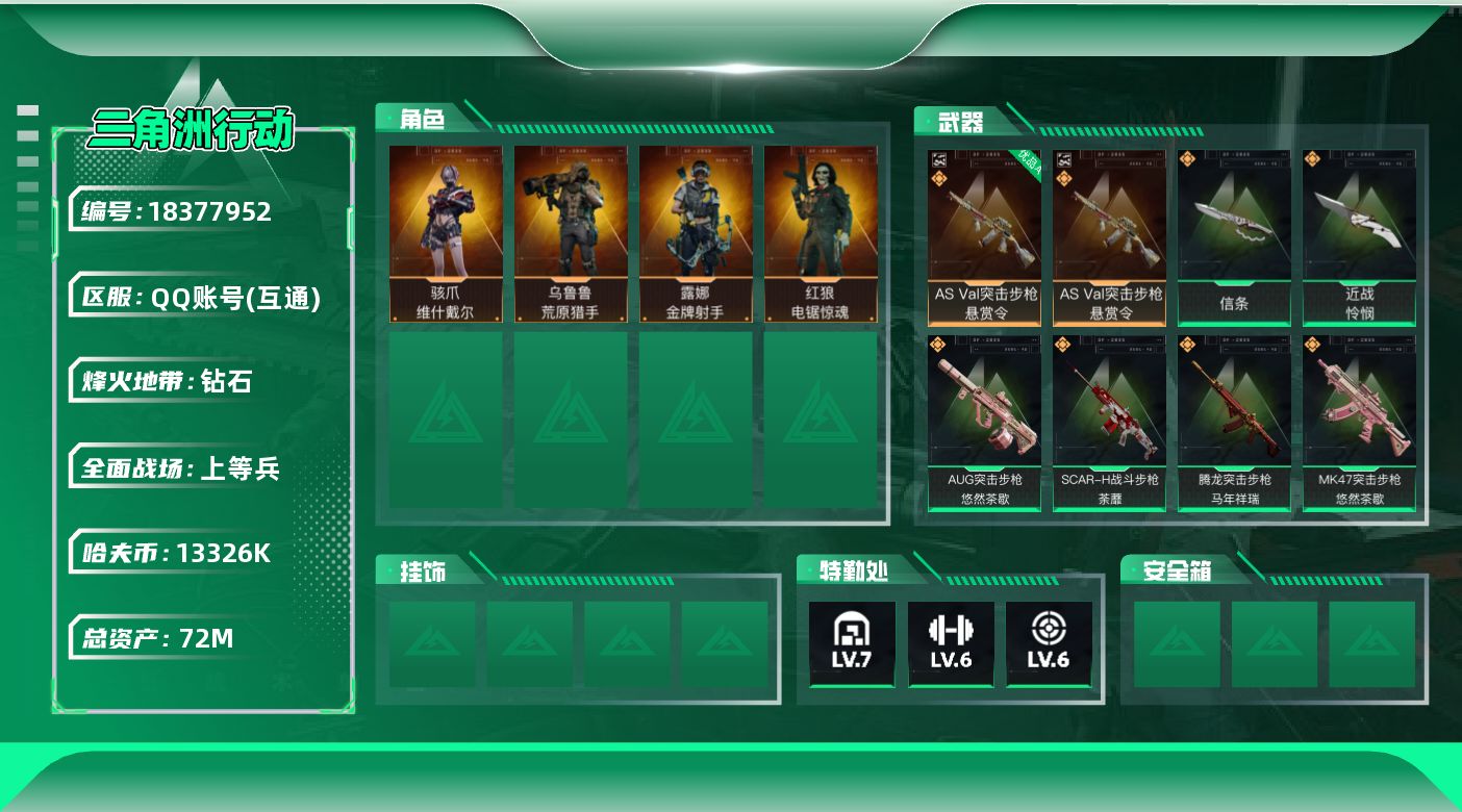 三角洲行动账号QQ72m总资产-13326k哈夫币-60烽火等级-钻石-27战场等级-上等兵
【干员外观】：骇爪-维什戴尔，红狼-电锯惊魂，露娜-金牌射手，乌鲁鲁-荒原猎手
【近战皮肤】：近战-信条，近战-怜悯，近战-