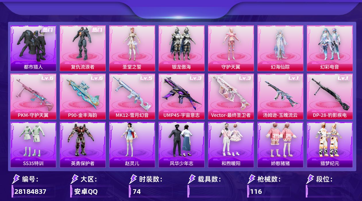 和平精英账号安卓QQ[28184837]6粉装7特效枪 幻彩电音 都市 3级UMP45宇宙意志 3级维克托最终圣卫者 【