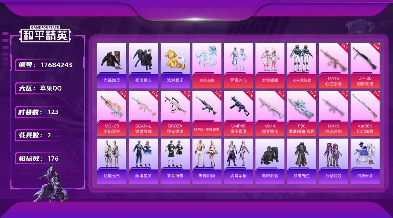 和平精英账号苹果QQ[17684243]苹果 手Q-4粉装-14特效枪-2载具-5粉色飞行器-56726热力值-17王牌印记-123套装-176枪皮
【热门品类】：套装-浪漫天命，套装-赤蝎幽灵，套装-都市猎人，套装-派