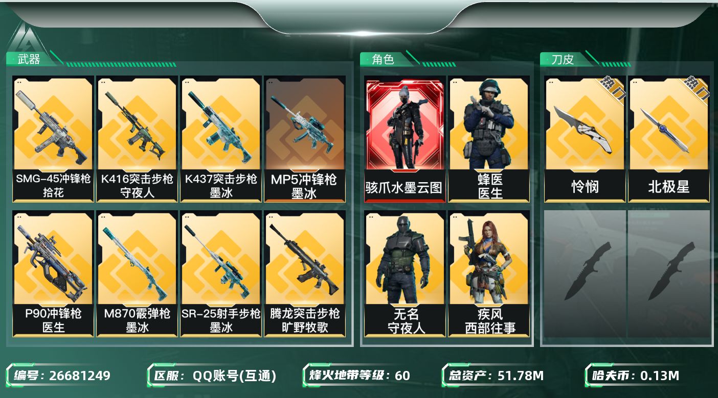 三角洲行动账号QQABC5018/QQ区/总资产：51.78M，哈夫币：13W，红皮1，刀皮3，传说武器40，史诗武器