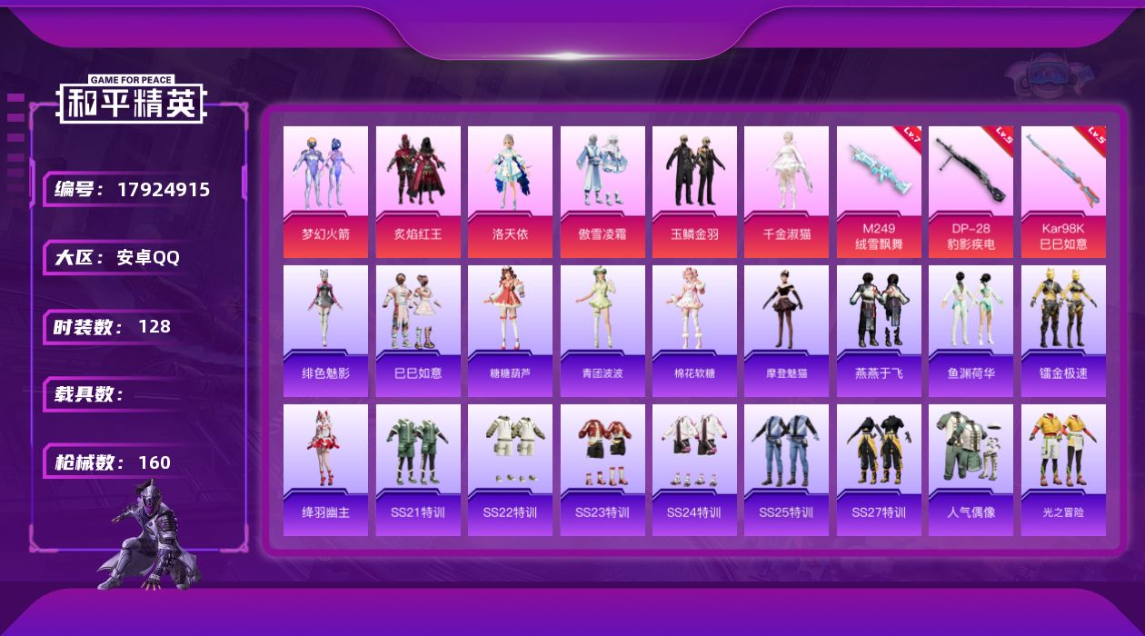 和平精英账号安卓QQ[17924915]地铁满天赋！！！【特价出售/店主推荐】安卓 手Q-6粉装-3特效枪-0载具-1粉色飞行器-46074热力值-1王牌印记-128套装-160枪皮
【热门品类】：粉装-梦幻火箭
【粉色