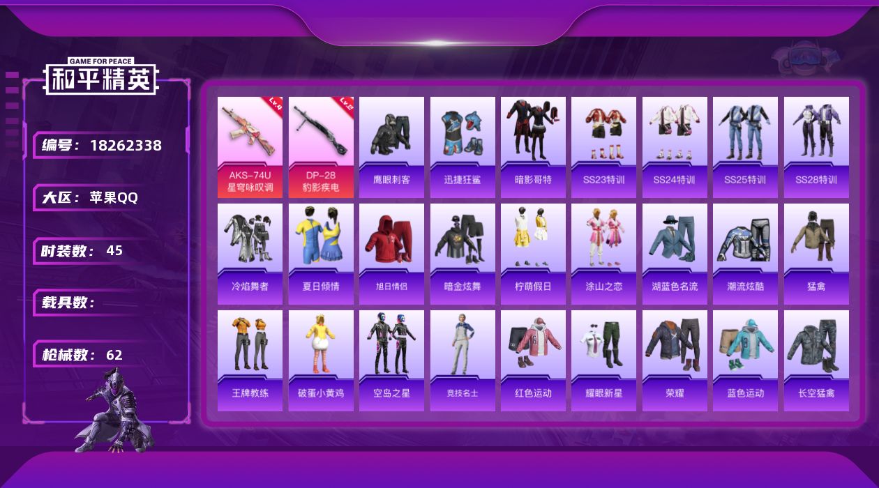 和平精英账号苹果QQ[18262338]苹果 手Q-0粉装-5特效枪-0载具-0粉色飞行器-15080热力值-1王牌印记-45套装-62枪皮
【热门品类】：套装-暗影哥特
【粉色枪皮等级】：ACE32-萌骑漫游(二级)，