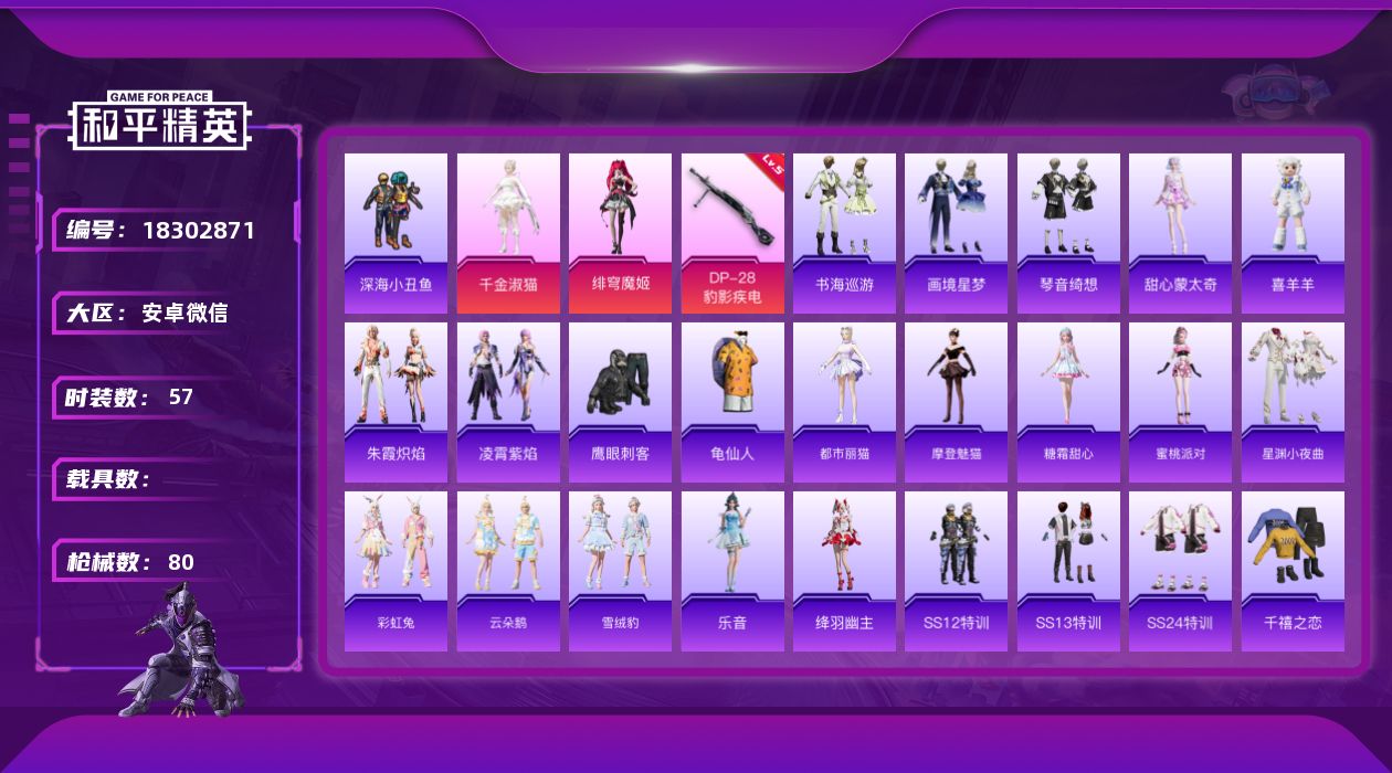 和平精英账号安卓微信[18302871]实名: 可修改 时装数: 209 枪械数: 80 战备数: 54 热门装扮: 深