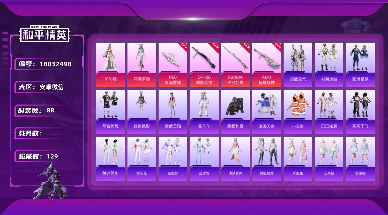 和平精英账号安卓微信[18032498]【特价出售/店主推荐】安卓 微信-3粉装-7特效枪-0载具-1粉色飞行器-34991热力值-7王牌印记-88套装-129枪皮
【热门品类】：套装-浪漫天命，套装-小丑鱼
【粉色套装