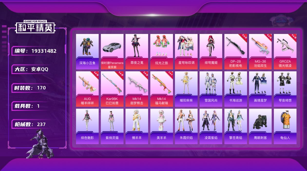和平精英账号安卓QQ[19331482]170套装/枪械7/装备292/载具1/战备176/王牌印记12/热力值71193/五级GROZA-镜光银凌/五级AUG-暖羊咩咩/五级Kar98K-巳巳如意/五级MK14-甜梦熊