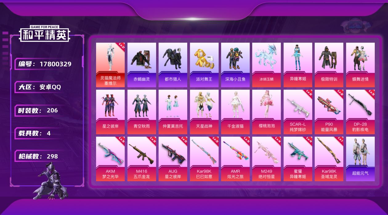 和平精英账号安卓QQ[17800329]安卓 手Q-1神装-9粉装-15特效枪-4载具-16粉色飞行器-103060热力值-18王牌印记-206套装-298枪皮
【红色神装等级】：灵猫魔法师-塞维尔(二级)
【红色角色神