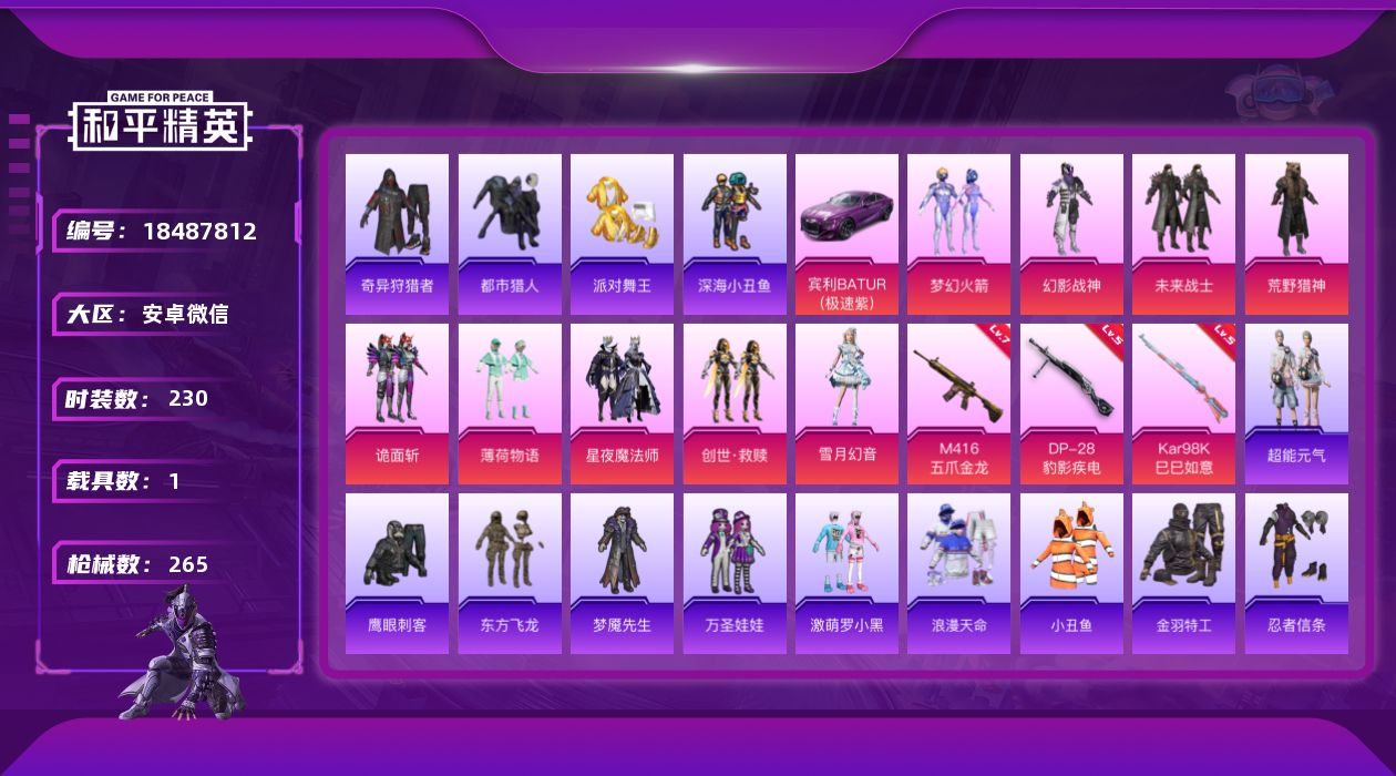 和平精英账号安卓微信[18487812]【特价出售/店主推荐/身法素材号梦幻火箭都市猎人小丑鱼红眼罩小螳螂满级m4五爪金龙金鞋子】安卓 微信-9粉装-5特效枪-1载具-2粉色飞行器-82667热力值-15王牌印记-230