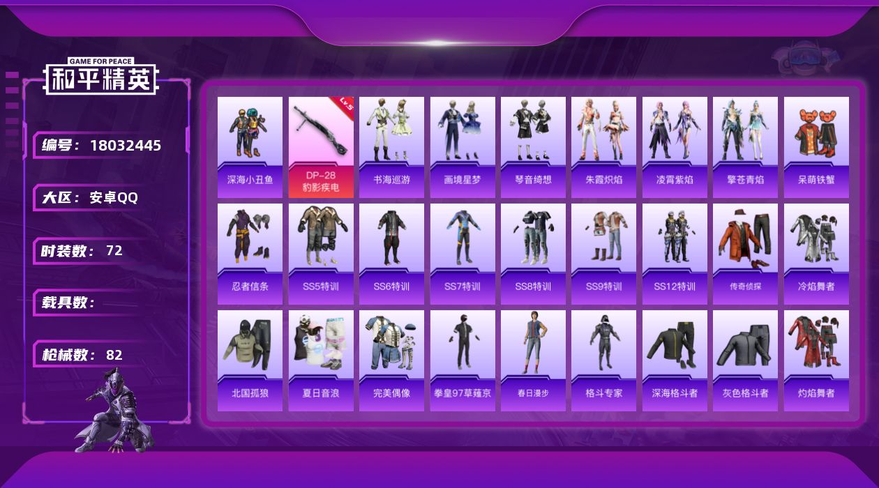 和平精英账号安卓QQ[18032445]安卓 手Q-0粉装-4特效枪-0载具-1粉色飞行器-23958热力值-1王牌印记-72套装-82枪皮
【热门品类】：套装-深海小丑鱼，套装-忍者信条
【粉色枪皮等级】：UMP45-