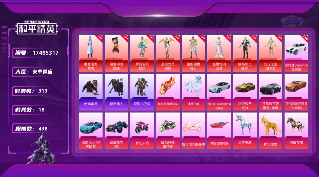 和平精英账号安卓微信DAS9671可二次 安卓V-9红装3稀有20载具33粉装48特效枪29热门313套装438枪皮 2