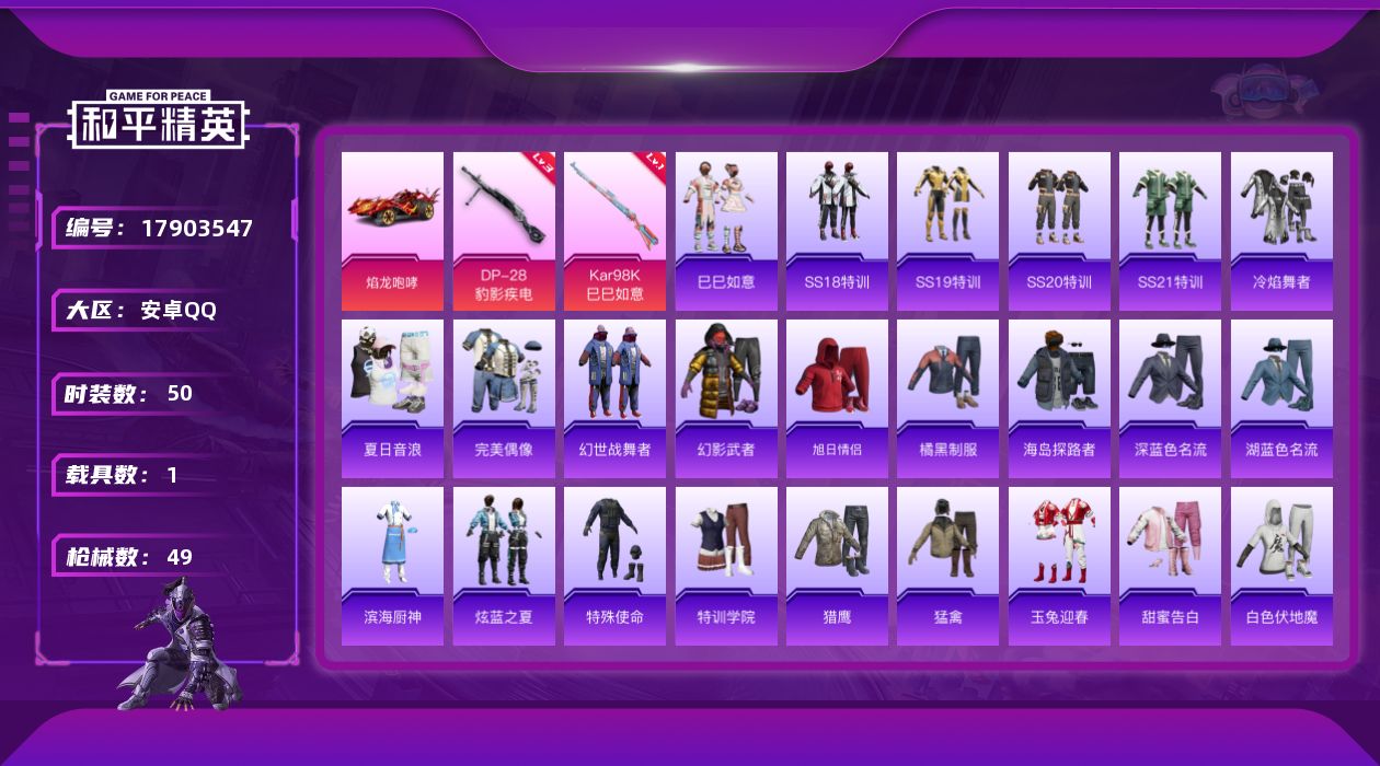 和平精英账号安卓QQ[17903547]可二次【特价出售/店主推荐】安卓 手Q-4特效枪-1载具-13525热力值-2王牌印记-50套装-49枪皮【粉色枪皮等级】：UMP45-萌骑冒险(四级)，Kar98K-巳巳如意(一